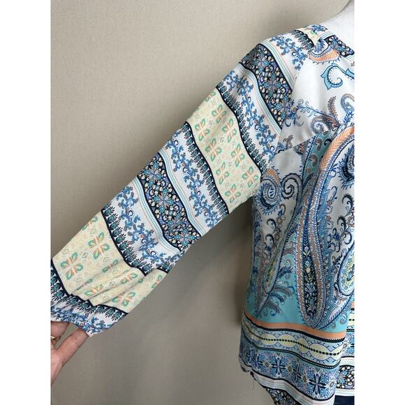 Valerie Stevens Women's colorful peasant bohemian Blouse M Lace Back Tie Front - Picture 4 of 13